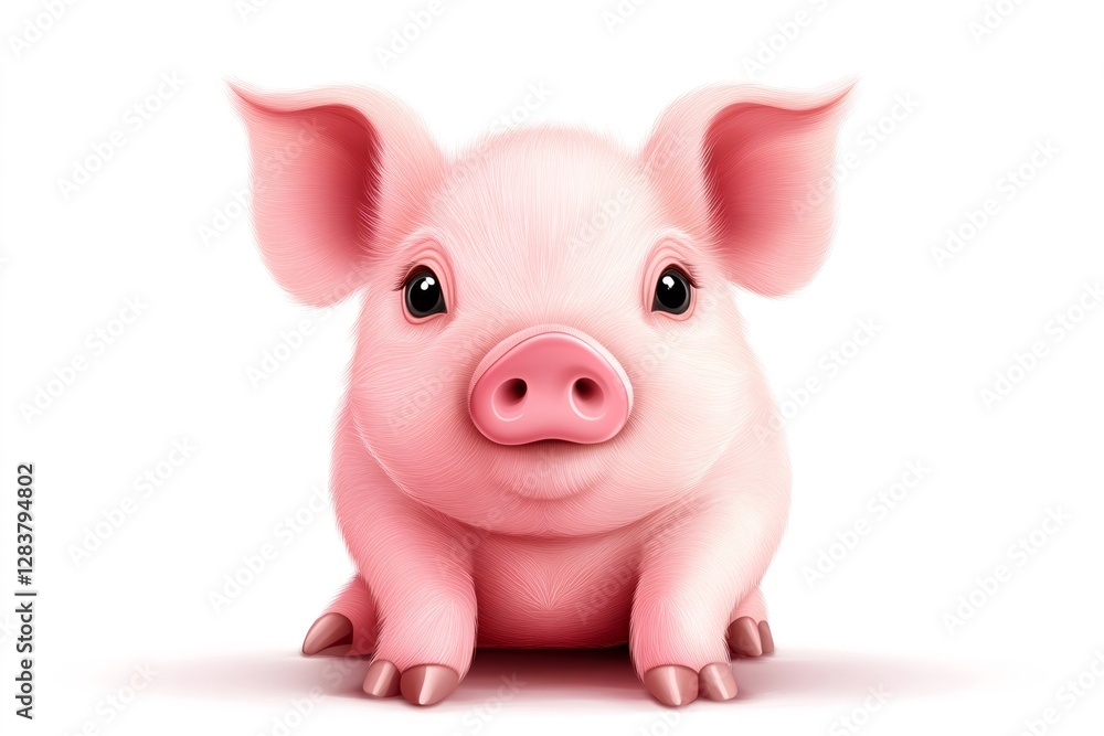 Adorable pink piglet sitting and looking forward on white background Adorable pink piglet sitting and looking forward on white background