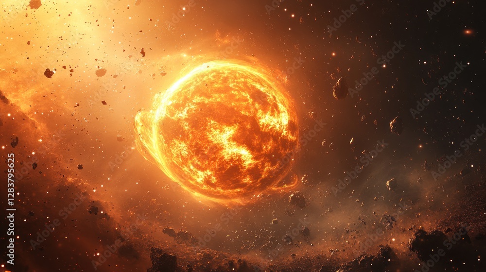 Obraz premium Fiery star explosion in cosmic dust cloud