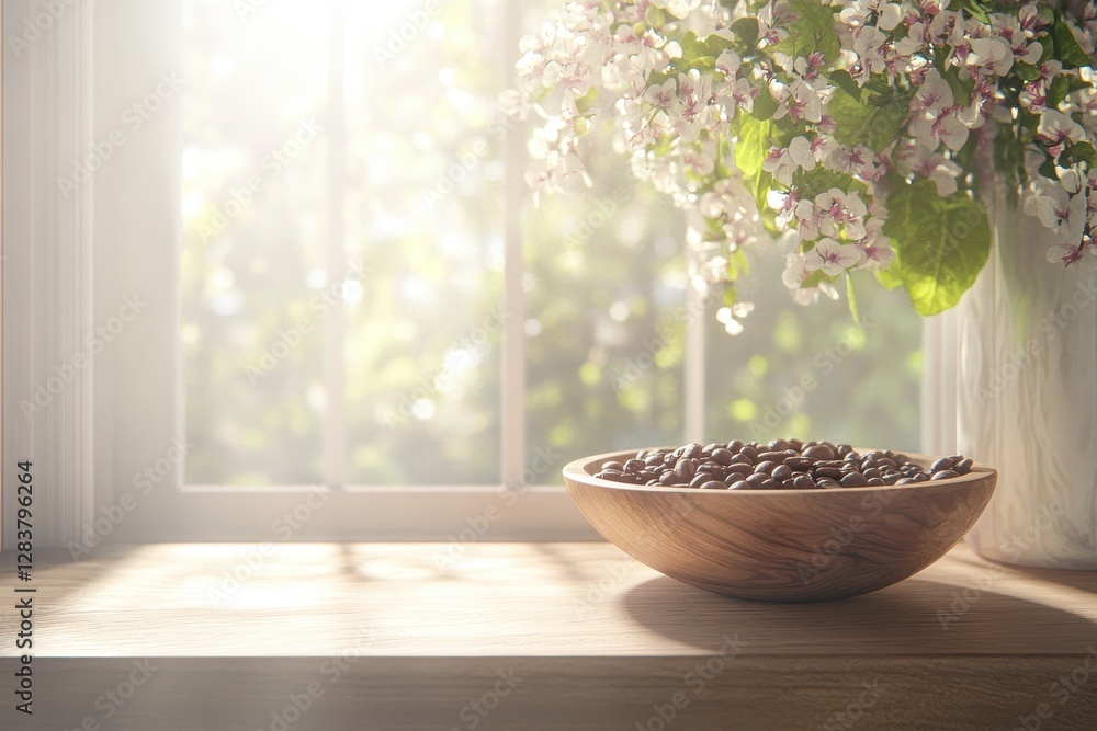 Fresh Coffee Beans in Wooden Bowl Next to Bright Window with Flowers Fresh Coffee Beans in Wooden Bowl Next to Bright Window with Flowers