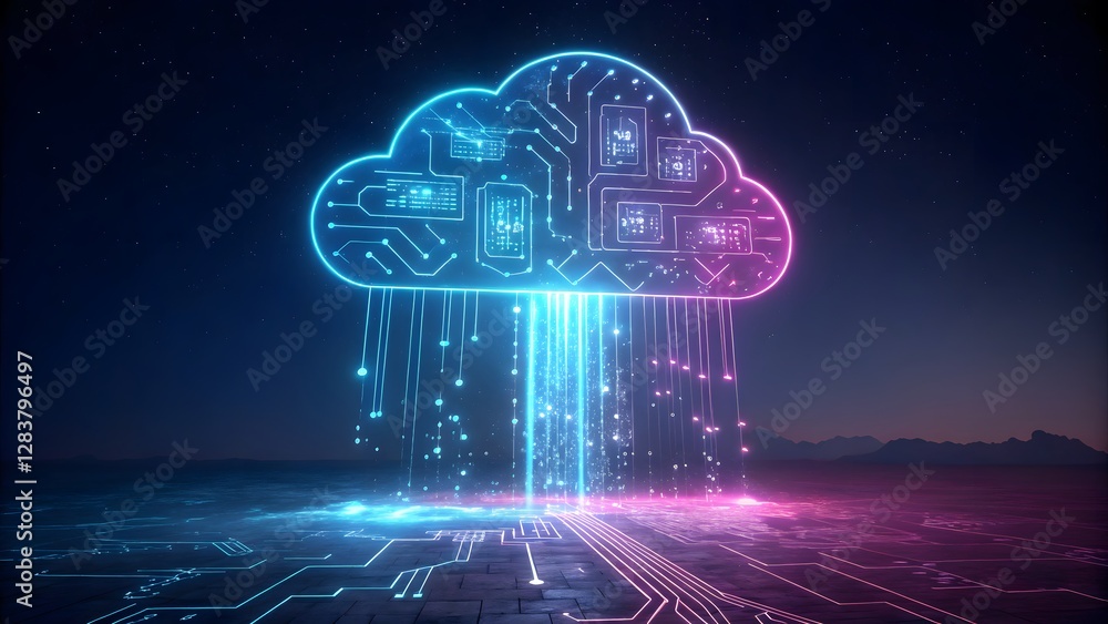 A luminous digital cloud made of intricate neon circuits, representing technology and connectivity A luminous digital cloud made of intricate neon circuits, representing technology and connectivity