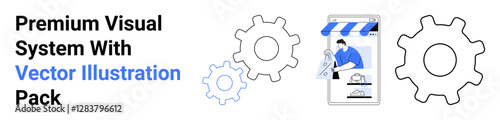 Smartphone with storefront illustration surrounded by gears, symbolizing system setup. Ideal for e-commerce, mobile apps, web design, technology, software, innovation, flat landing page banner
