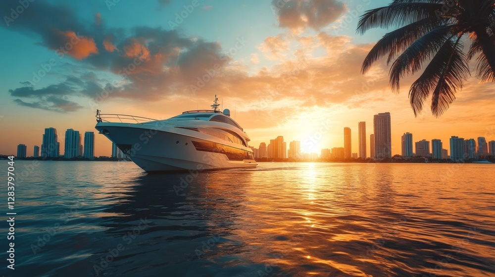 Naklejka premium Luxury yacht sailing towards miami skyline at sunset with palm tree