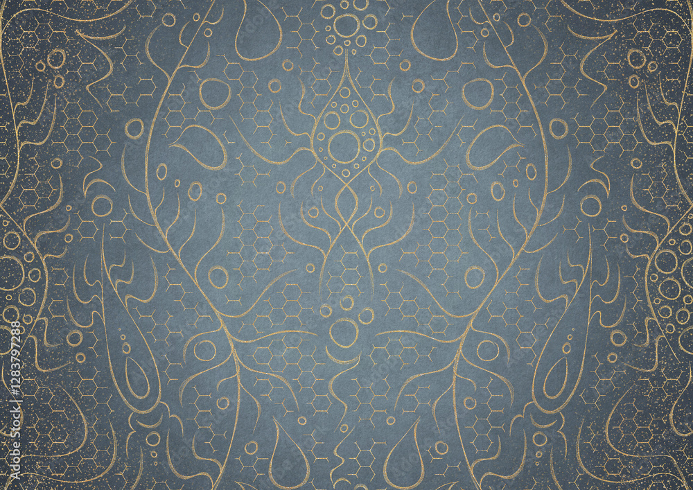 custom made wallpaper toronto digitalHand-drawn unique abstract gold ornament on a light blue background, with vignette of darker background color and golden glittery sparks. Paper texture. Digital artwork, A4. (pattern: p13-2a)