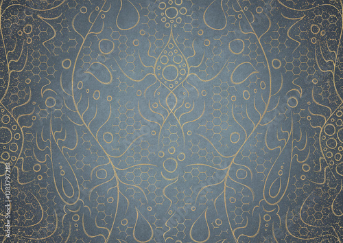 Wallpaper Mural Hand-drawn unique abstract gold ornament on a light blue background, with vignette of darker background color and golden glittery sparks. Paper texture. Digital artwork, A4. (pattern: p13-2a) Torontodigital.ca