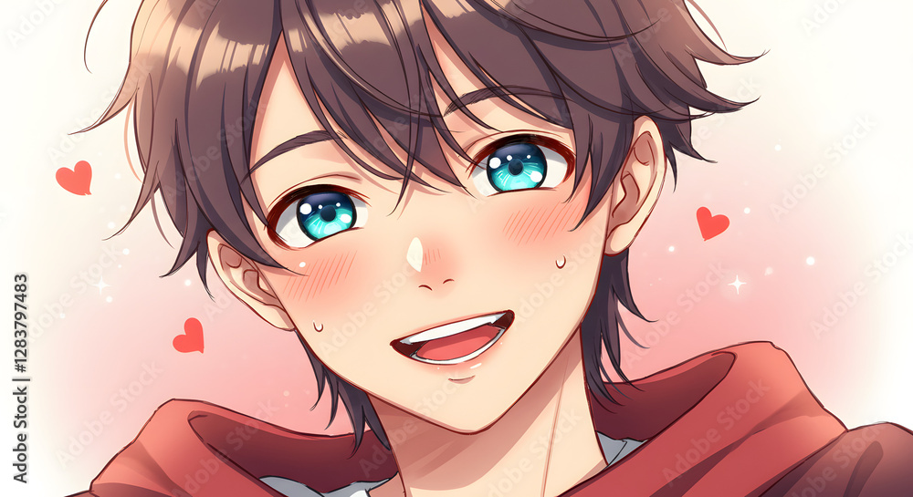 Anime Style Boy Smiling with Red Hearts and Rosy Cheeks Illustration Anime Style Boy Smiling with Red Hearts and Rosy Cheeks Illustration
