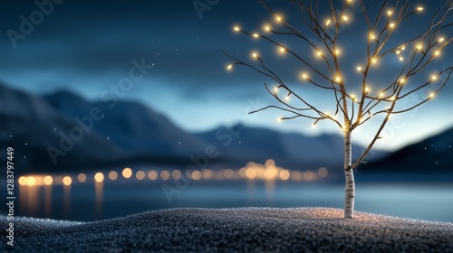 Tree with lights on it is in front of a body of water