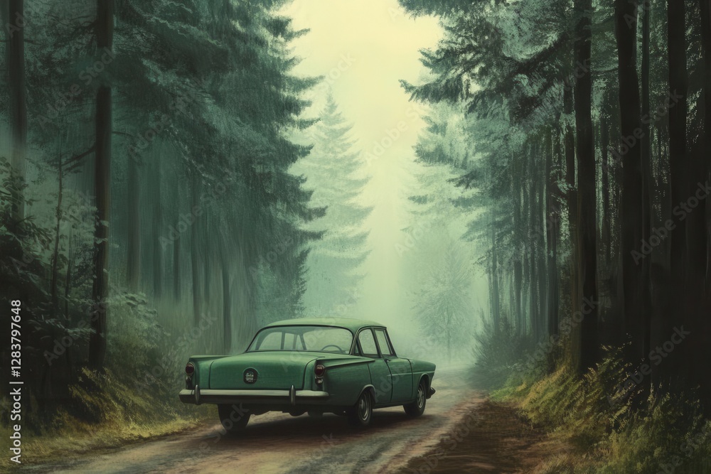 emerald green sedan winding through a misty forest road towering pines soft dawn light filtering through earthy browns and greens serene yet adventurous mood realistic style emerald green sedan winding through a misty forest road towering pines soft dawn light filtering through earthy browns and greens serene yet adventurous mood realistic style