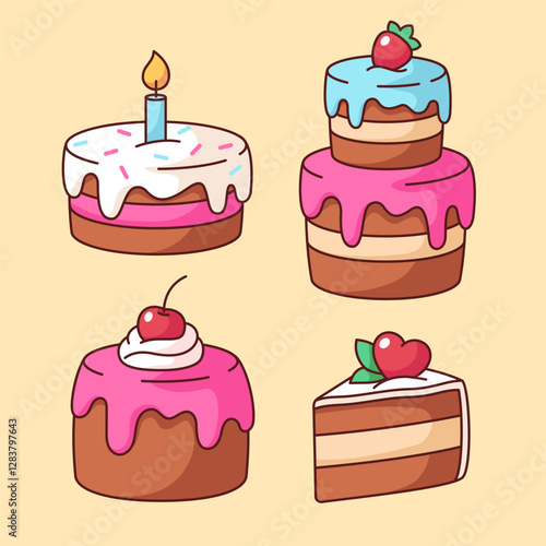 Cakes kawaii illustrations, desserts in a comic, cartoon style, simple vector drawings