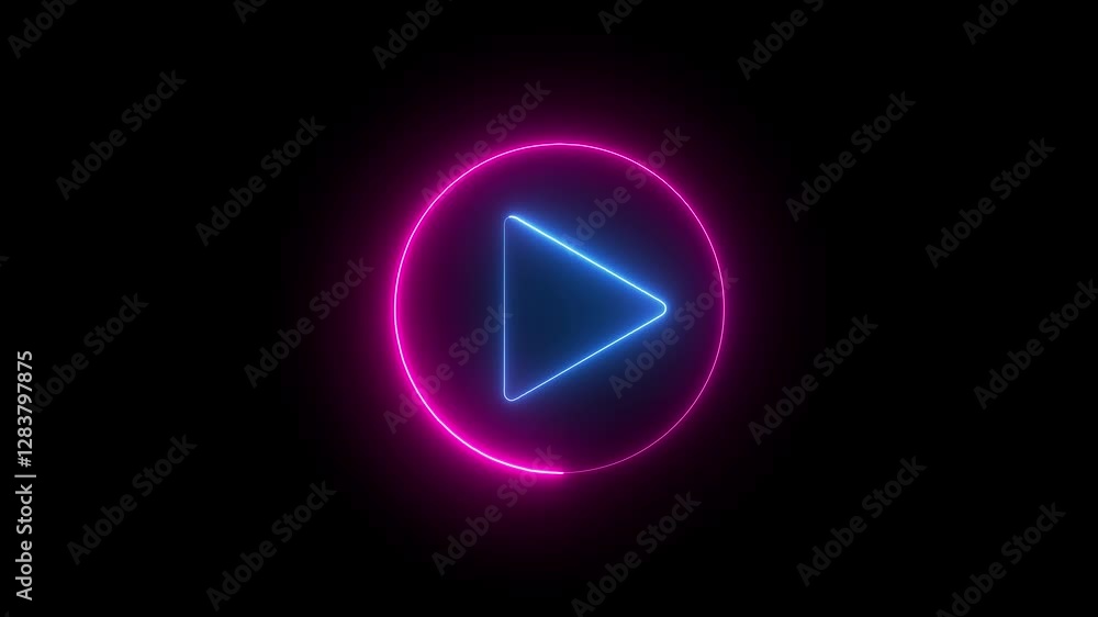 Neon Play button icon. 3d rendering. Press to play. Glowing blue color play button on black background. Neon play button. Computer generated 3d render. Neon Play button icon. 3d rendering. Press to play. Glowing blue color play button on black background. Neon play button. Computer generated 3d render.