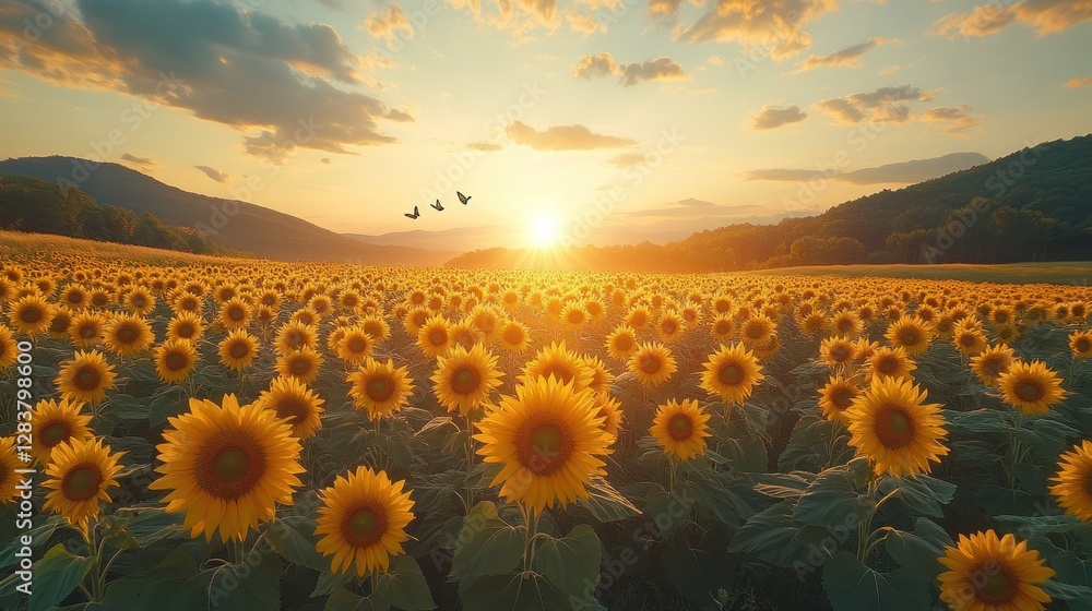 Fototapeta premium Sunset Sunflower Field, Birds in Flight, Mountain Background
