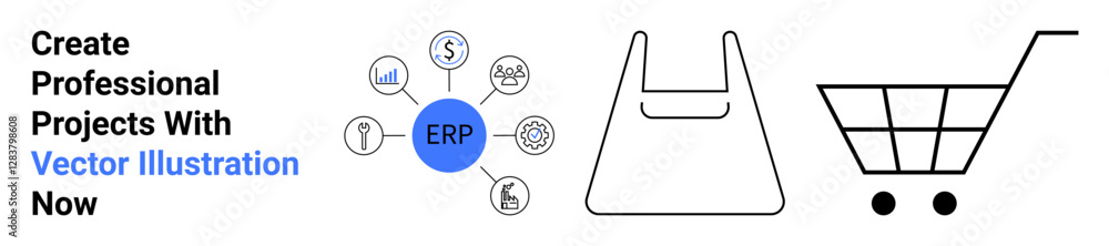 ERP at the center of business icons, shopping bag, and cart representing operations, logistics, sales, and digital solutions. Ideal for retail management, supply chain, e-commerce tools and flat ERP at the center of business icons, shopping bag, and cart representing operations, logistics, sales, and digital solutions. Ideal for retail management, supply chain, e-commerce tools and flat