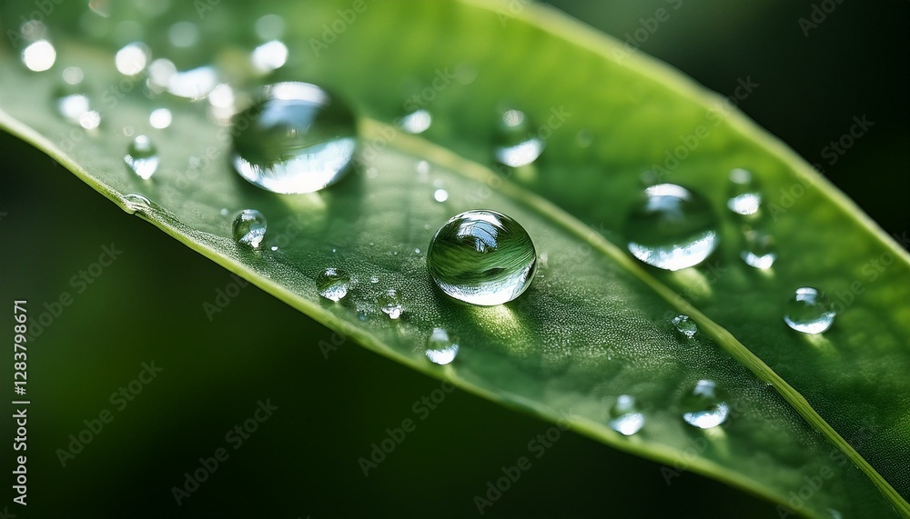 Extreme close-up of a dewdrop resting on a delicate green leaf, reflecting the surrounding natural world in its shiny surface. Extreme close-up of a dewdrop resting on a delicate green leaf, reflecting the surrounding natural world in its shiny surface.