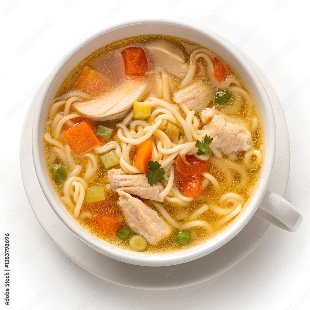 Instant chicken noodle soup in a white ceramic bowl isolated on white background