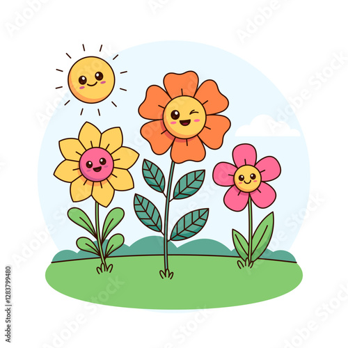 Cute kawaii flower lawn, garden. Simple flowers in a cartoon comic style, kids, children illustration.