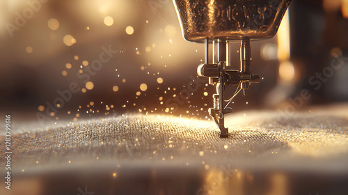 Detailed close-up of a sewing machine in operation, stitching fabric with a blurred background of golden light.