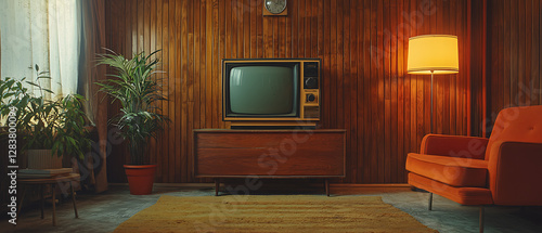 Hyper-Detailed Image of a 1970s Living Room with Retro TV and Wood Paneling
