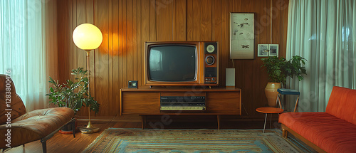 Hyper-Detailed Image of a 1970s Living Room with Retro TV and Wood Paneling