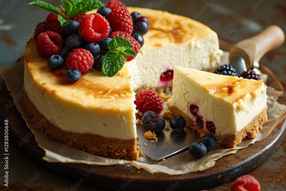 Cheesecake with Fresh Berries, Creamy and Smooth Cheesecake Topped with Raspberries, Blueberries, and Strawberries, Delicious Dessert Isolated on Background with Copy Space Cheesecake with Fresh Berries, Creamy and Smooth Cheesecake Topped with Raspberries, Blueberries, and Strawberries, Delicious Dessert Isolated on Background with Copy Space