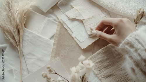 Fabric Selection: An assortment of neutral toned materials. The hand is selecting the perfect piece.