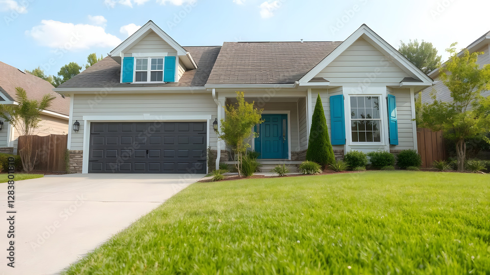 Stunning Suburban Home with Cyan Shutters and Lush Green Lawn – Real Estate Exterior Photography Stunning Suburban Home with Cyan Shutters and Lush Green Lawn – Real Estate Exterior Photography