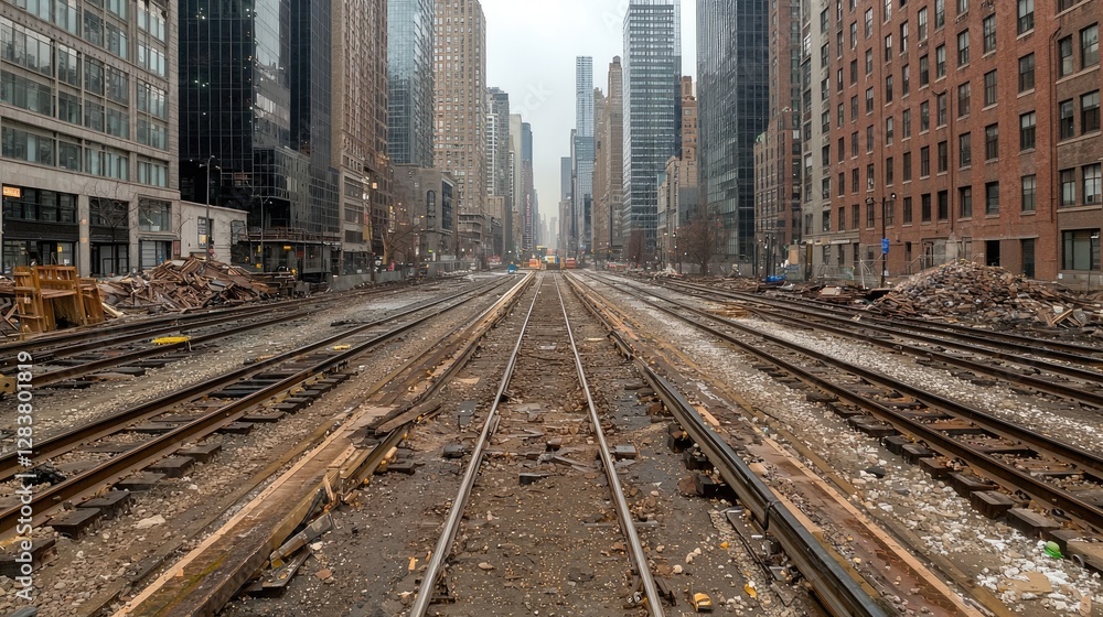 Empty city street railway tracks. Urban construction. Possible stock photo use Empty city street railway tracks. Urban construction. Possible stock photo use