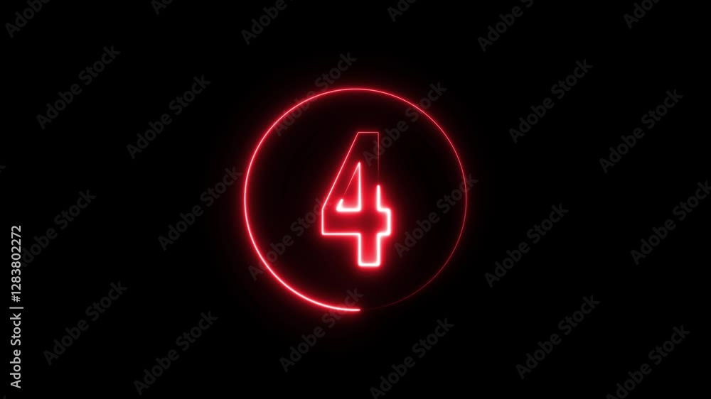 Neon number circle of 4 animation, neon numbers. Dark background. A circle with a red neon icon on a black background and the text 4 in the middle of it. Neon number circle of 4 animation, neon numbers. Dark background. A circle with a red neon icon on a black background and the text 4 in the middle of it.