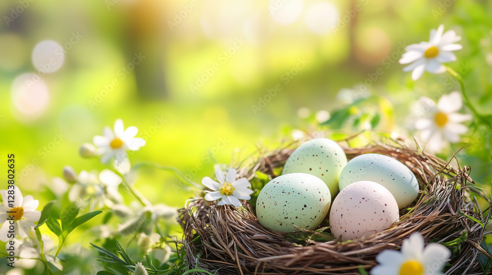 Obraz premium Pastel Easter eggs nestled among spring flowers, radiating warmth and renewal in a serene meadow setting.