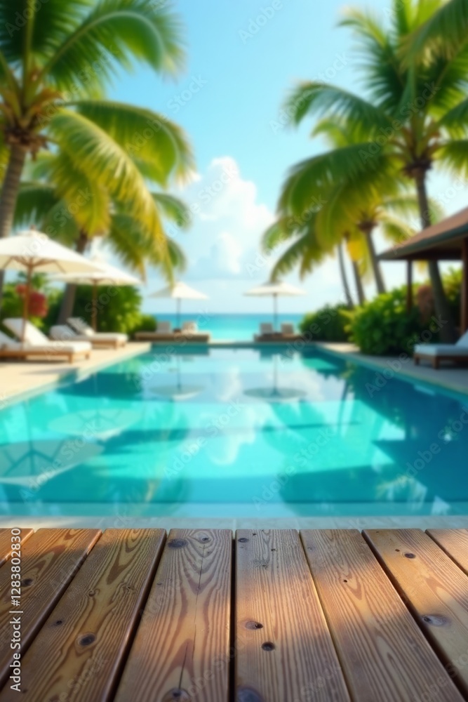 Empty swimming pool in tropical resort with blurred wooden table and summer scene, summer, water Empty swimming pool in tropical resort with blurred wooden table and summer scene, summer, water