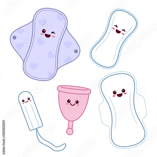 Menstruation items, supplies, woman hygeine kawaii illustrations. Cute simple pads, tampon and cup drawings.