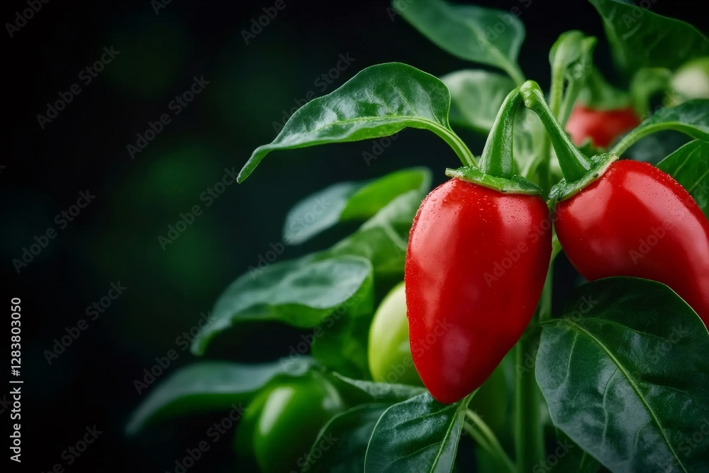 Red chili peppers growing on plant with green leaves Red chili peppers growing on plant with green leaves