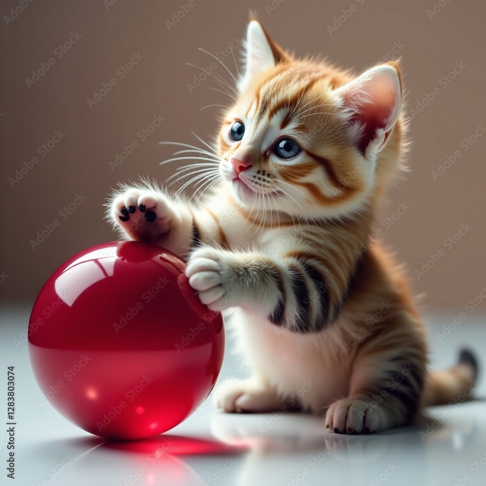 Furry kitten stretches with front legs extended to grab a shiny red orb , curiosity, whiskers Furry kitten stretches with front legs extended to grab a shiny red orb , curiosity, whiskers