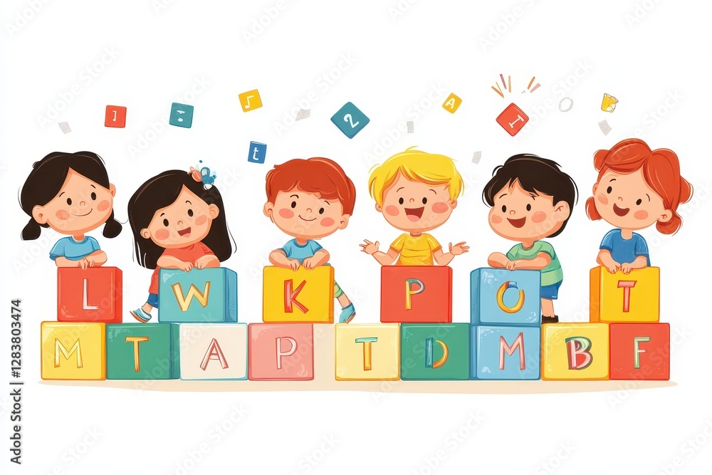 Happy kids playing with alphabet blocks learning and fun preschool education