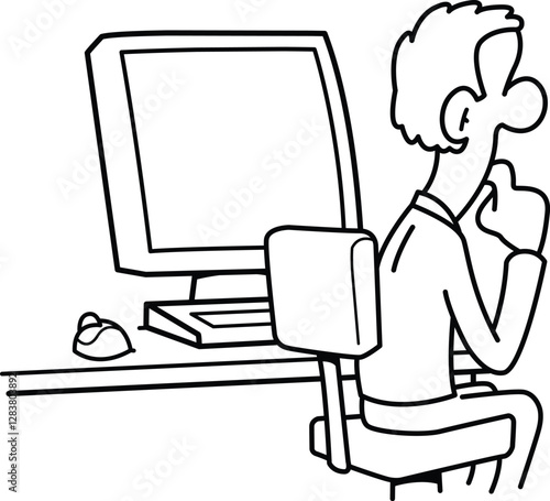  Spy Watch Doodle  Thinking, Suspicious Look, Computer Monitoring Illustration

