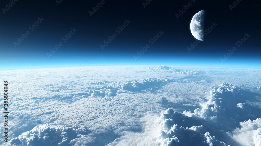 Obraz premium A breathtaking bird's eye perspective captures a soft sea of clouds sprawled across the horizon, while the moon hangs gracefully above against a backdrop of deep blue