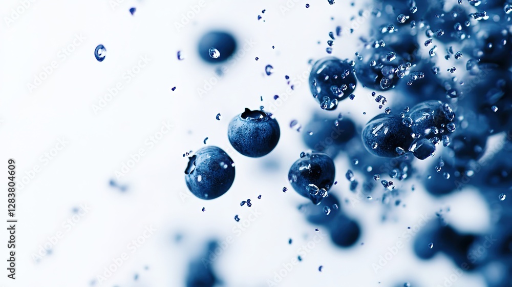 Blueberries and water droplets floating in the air, white background, studio photography, close-up, sharp focus, high resolution Blueberries and water droplets floating in the air, white background, studio photography, close-up, sharp focus, high resolution