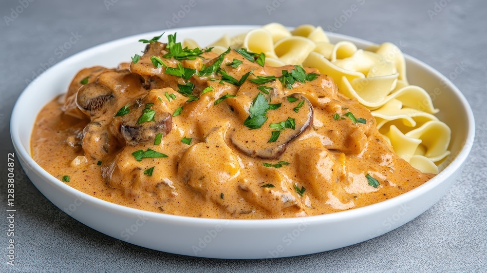 Creamy Mushroom Sauce Over Tender Chicken With Egg Noodles On Plate Creamy Mushroom Sauce Over Tender Chicken With Egg Noodles On Plate