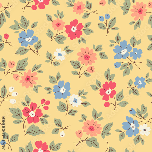 Wallpaper Mural Vector seamless pattern. Cute pattern in
small flowers. Small white, blue, red and
coral flowers. Yellow background. Ditsy
floral background. Vintage template for
fashion prints. Stock vector.
 Torontodigital.ca