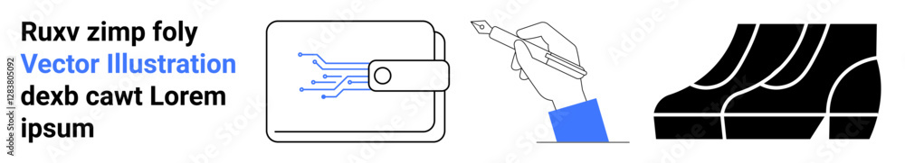 Digital wallet with circuits, hand holding pen, abstract steps. Ideal for fintech, innovation, digital payments, communication, progress workflow technology. Perfect for flat landing page banner Digital wallet with circuits, hand holding pen, abstract steps. Ideal for fintech, innovation, digital payments, communication, progress workflow technology. Perfect for flat landing page banner