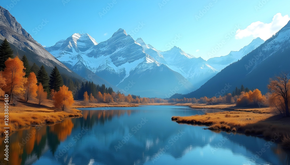 Fototapeta premium A breathtaking mountain landscape with snow-capped peaks, a clear blue sky, and a reflective alpine lake