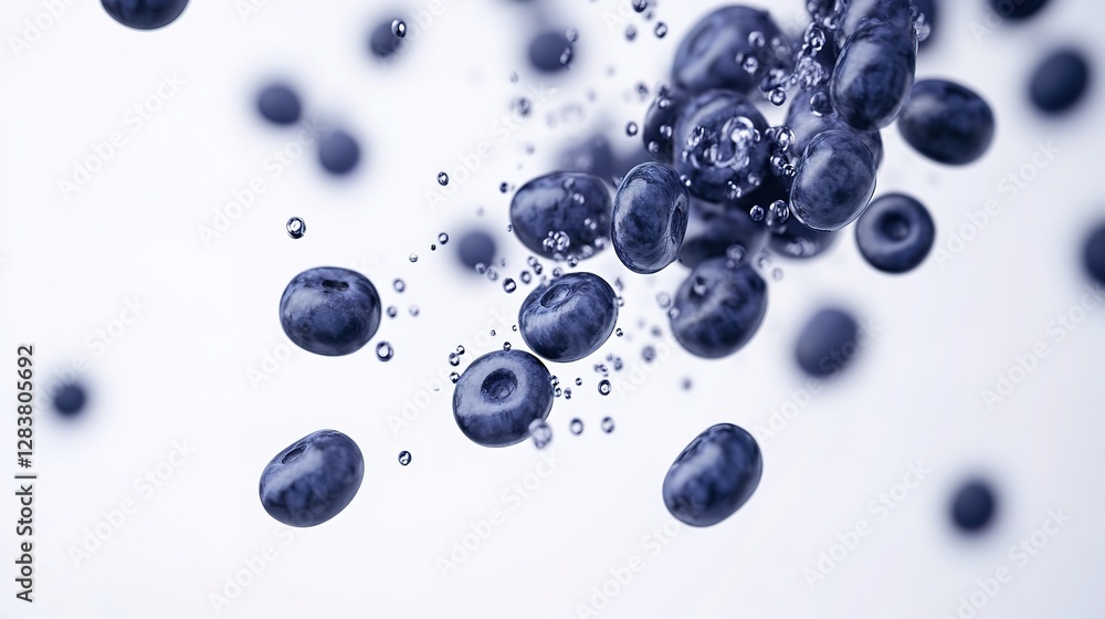 Blueberries and water droplets floating in the air, white background, studio photography, close-up, sharp focus, high resolution Blueberries and water droplets floating in the air, white background, studio photography, close-up, sharp focus, high resolution