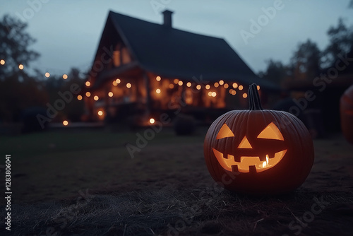 Wallpaper Mural A pumpkin with a smiley face is sitting on the ground in front of a house Torontodigital.ca