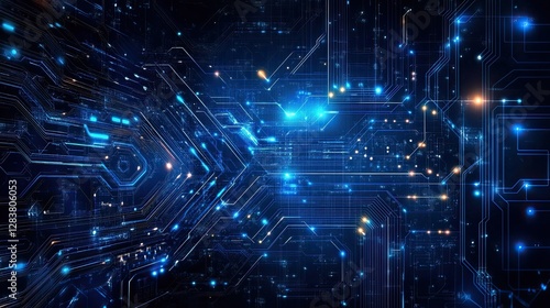 Illustration of business arrow showing upward growth line and circuit technology on dark blue background for corporate success themes, financial growth, and tech business designs.