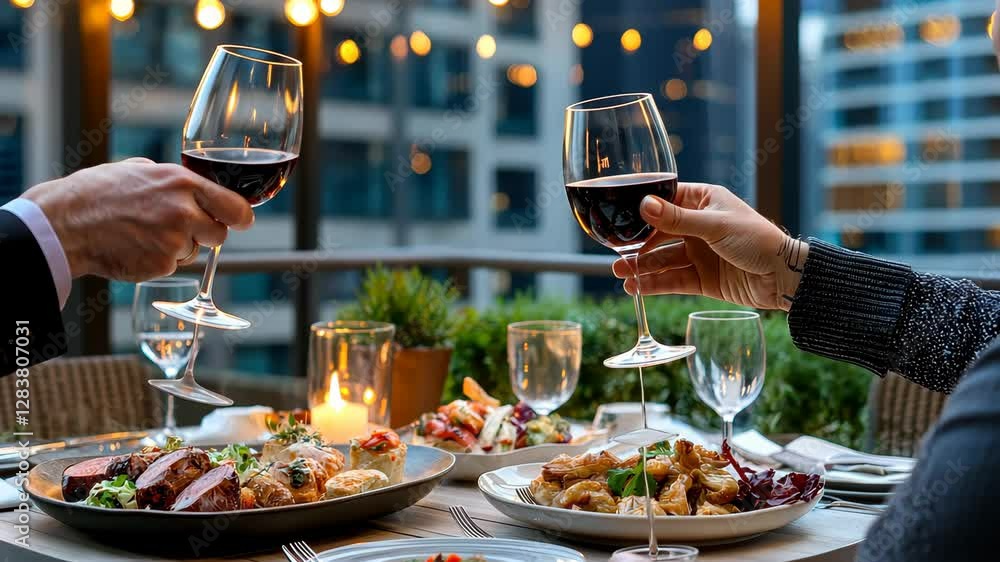 Cheers to Love and Connection: A Romantic Dinner Experience with Fine Dining and Wine Overlooking a City Skyline Cheers to Love and Connection: A Romantic Dinner Experience with Fine Dining and Wine Overlooking a City Skyline