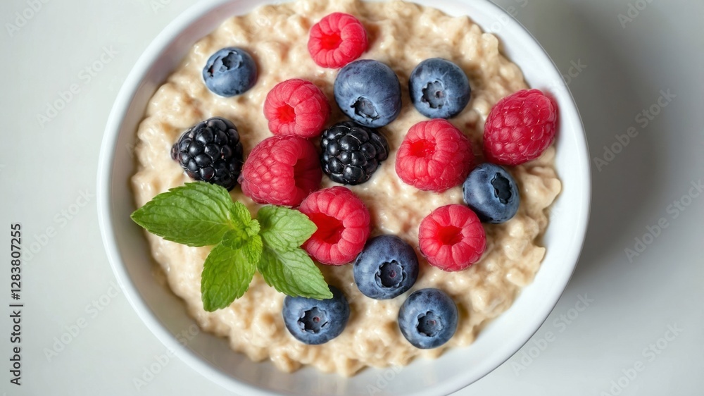 Creamy oatmeal bowl with fresh berries and mint Creamy oatmeal bowl with fresh berries and mint
