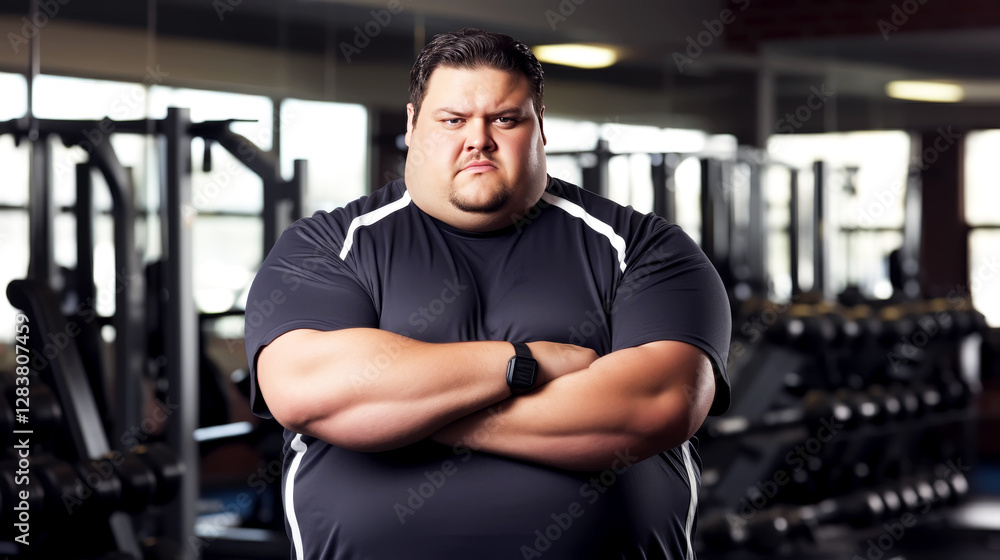Overweight man in a gym, contemplating fitness journey and weight loss Overweight man in a gym, contemplating fitness journey and weight loss