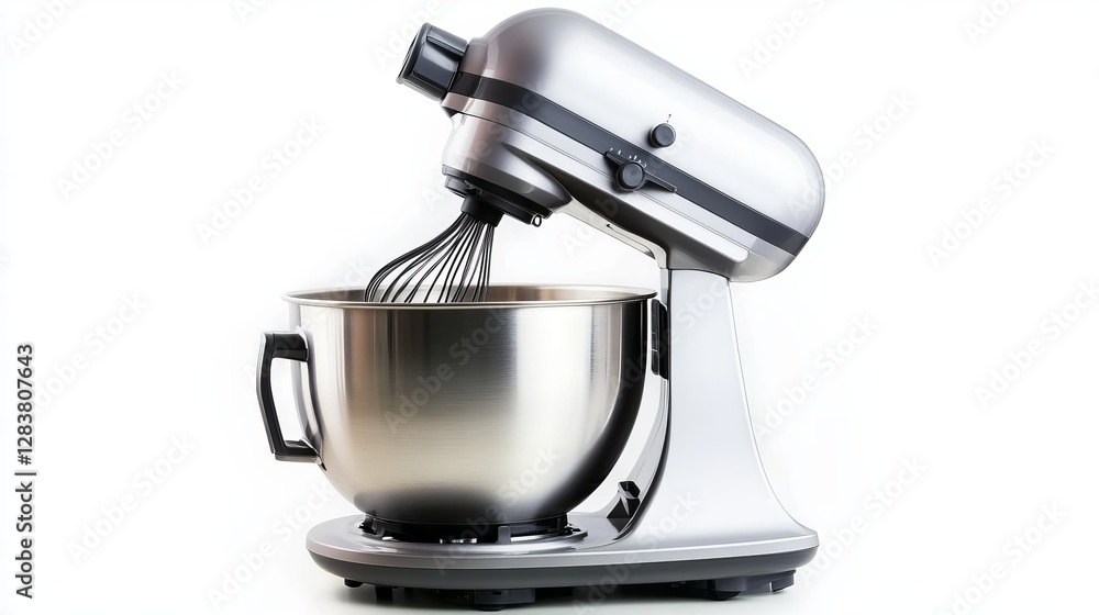 A silver kitchen food processor with a whisk attachment, isolated against a white background, a modern electric mixer for cooking A silver kitchen food processor with a whisk attachment, isolated against a white background, a modern electric mixer for cooking