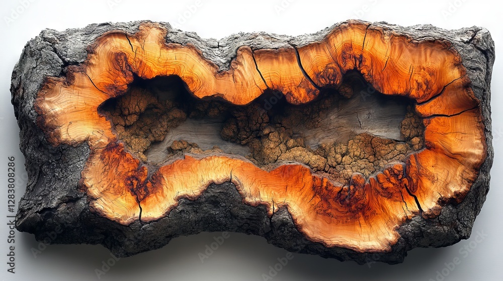 Fototapeta premium Intricate hollowed-out wood slab with vibrant orange hues and dark grey bark, showcasing natural textures and patterns.