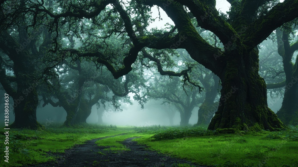 Fototapeta premium Mystical Forest Pathway Surrounded by Ancient Trees in Dense Fog with Lush Green Grass and Mysterious Atmosphere Inviting Exploration and Adventure