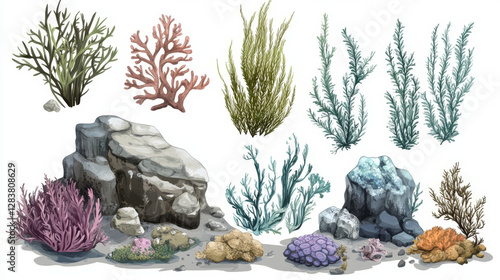 Fototapeta Naklejka Na Ścianę i Meble -  Seaweed and coral on rock underwater vector illustration. Ocean reef icon with alga, kelp grass and stone painting for wild life. Game concept with boulder and sand decorative design composition