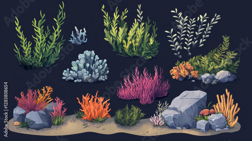 Fototapeta Naklejka Na Ścianę i Meble -  Seaweed and coral on rock underwater vector illustration. Ocean reef icon with alga, kelp grass and stone painting for wild life. Game concept with boulder and sand decorative design composition